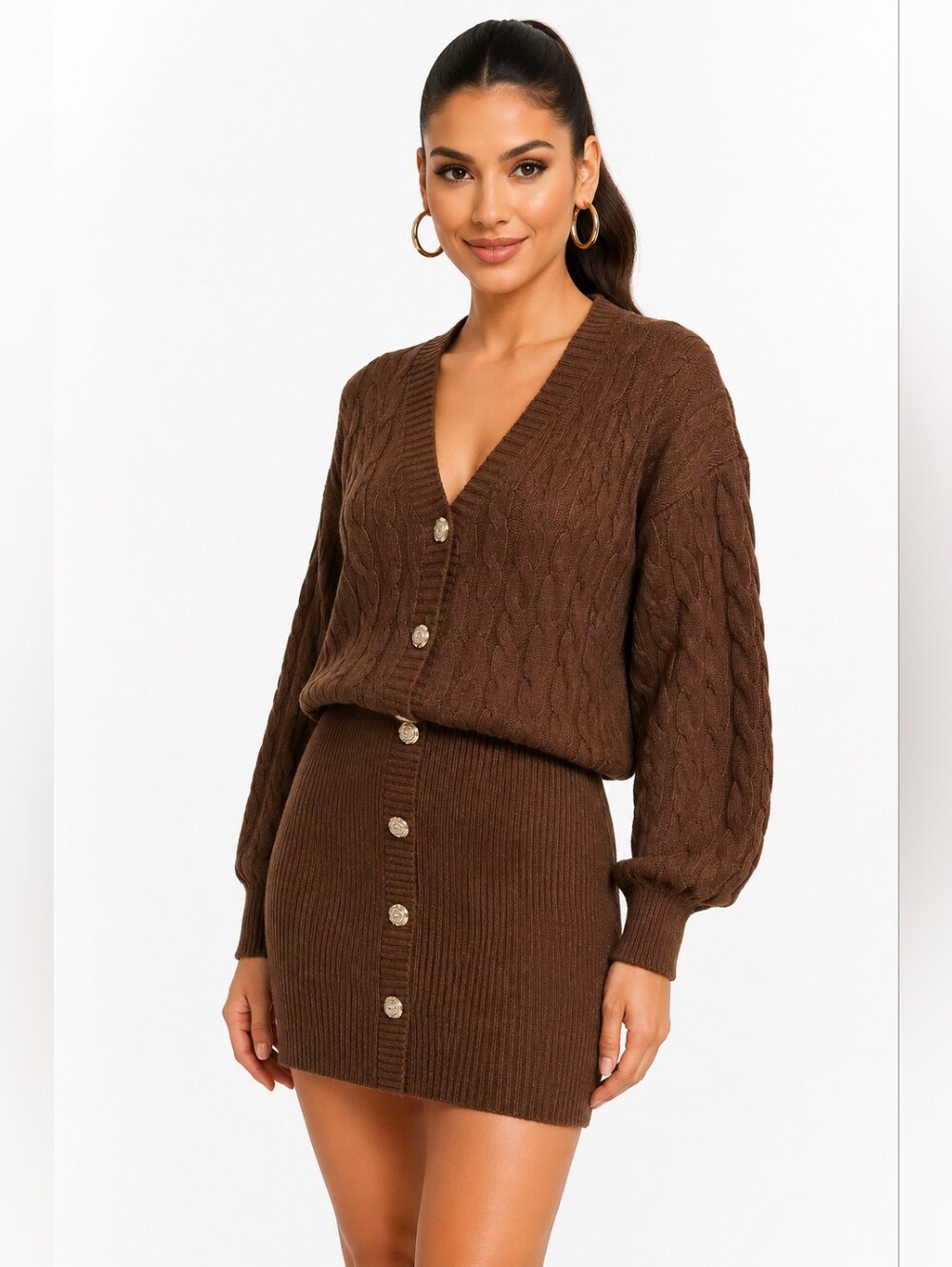 Retrofete Tala Dress L Cognac Cable Knit Blouson Sweater Dress Gold Buttons NWT